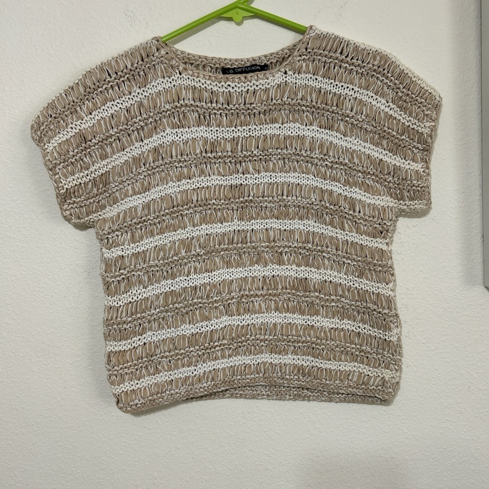 Vintage I.B. Diffusion Tan White Striped Smocked Knit Cap Sleeve Top Small